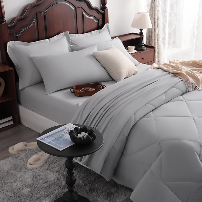 NTBAY Queen Comforter Set with Sheets, 7 Pieces Soft and Breathable Queen Bedding Set, Bed in a Bag, Down Alternative Comforter Set Solid Color All Season, Queen Bedding Set, Light Grey