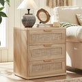 LEYAOYAO Rattan Night Stand with Drawers, 23" Large 3 Drawer Boho Nightstand, Natural Wood Bedside Table Storage Cabinet, Bed Side End Tables Dresser for Bedroom, Living Room, Hallway, Closet