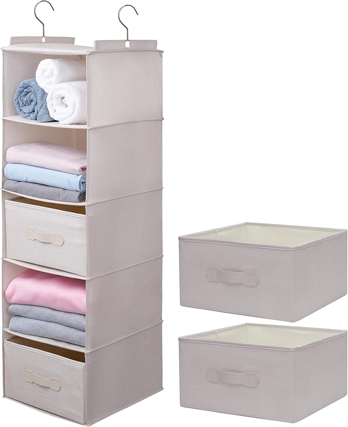 Large Hanging Sweater Organizer for Closet,Collapsible 6-Shelf Hanging Closet Shelves with Drawers, Washable (Beige -5 Shelf-2 d)