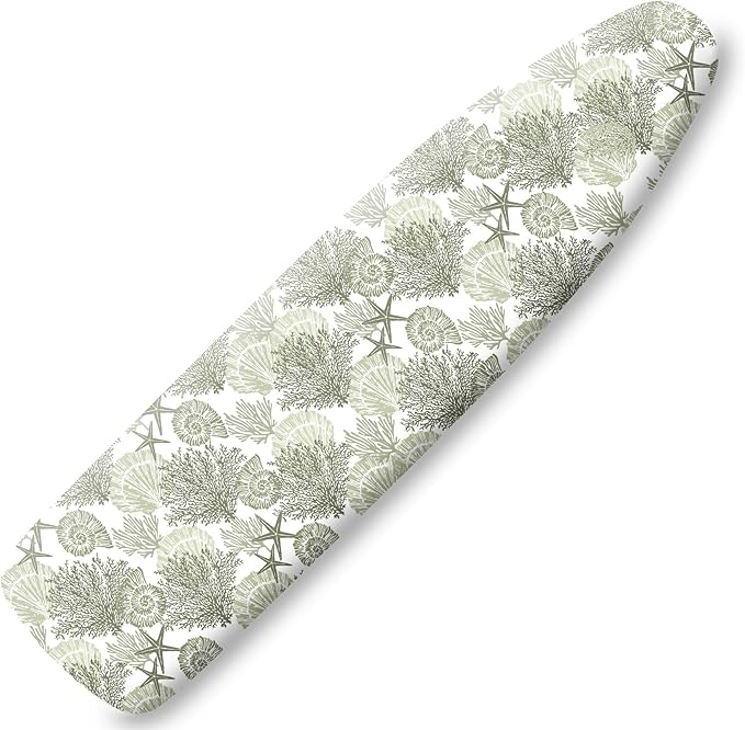 Extra Thick Ironing Board Cover and Pad, Coastal Summer Beach Coral Starfish 15x54 Ironing Board Cover, Resist Scorching and Staining,Elastic Edges,Seaside Conch Nautical Green White