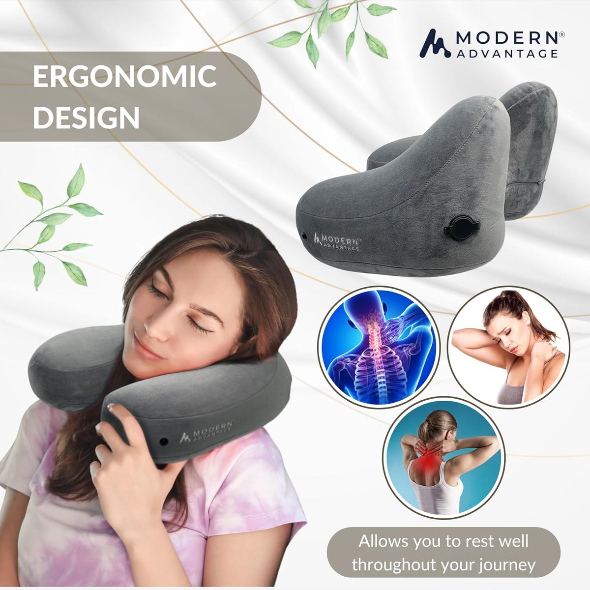 Modern Advantage Inflatable Travel Pillow for Airplanes – Hooded Neck Pillow with Adjustable Support – Comfortable, Compact & Travel-Friendly – Perfect for Sleeping on Long Flights (Grey)
