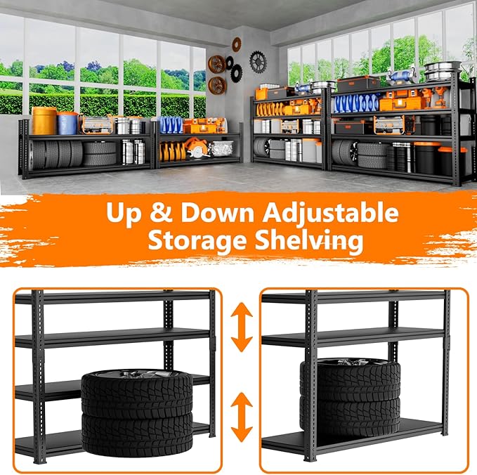 Storage Shelves Heavy Duty 4 PCS, 60" L x 24" W x 78" H Garage Storage Shelves Unit Loads 3700LBS, 5-tier Adjustable Metal Industrial Utility Shelf Rack for Kitchen, Laundry Room, Warehouse, Basement