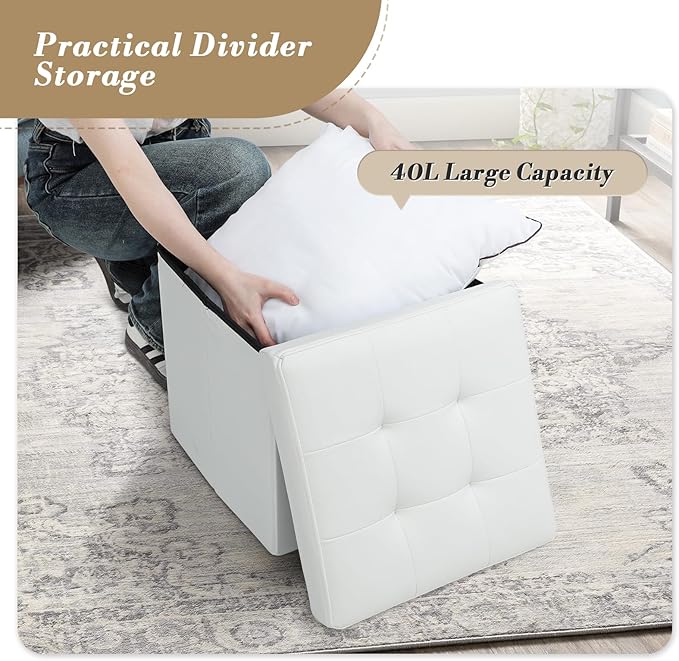 Athena Collection 15" Storage Ottoman Bench Folding Bench with 40L Hidden Storage, Small Cube Ottoman PU Leather Foot Rest Stool Chest with Flipping Lid for Living Room, Bedroom, Entryway, White