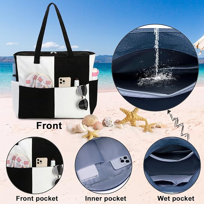 Waterproof Beach Tote Pool Bags for Women Ladies Extra Large Gym Tote Carry On Bag With Wet Compartment for Weekender Travel