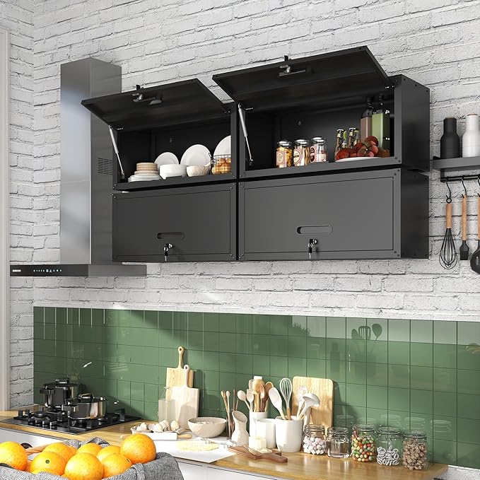Garage Wall Cabinet with Flip-Up Door, Lockable Metal Storage Cabinet Wall Mounted, Hanging Tool Cabinet for Garage Basement Utility Room, Black