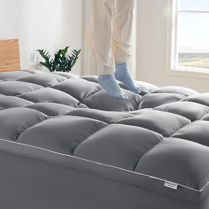 SLEEP ZONE Mattress Topper Queen Size, Extra Thick Fitted Mattress Pad for Back Pain, Plush and Support Mattress Cover, Deep Pockets Mattress Protector, Hotel Quality (Grey, Queen)