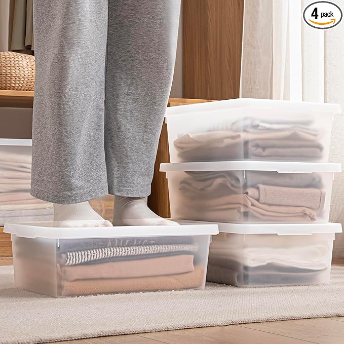 15 Quart Stackable Plastic Storage Bins with Lids,Container to Organize Shoes and Crafts on Closet Shelves,Garage, Totes, Tubs Boxes Organizing 4 Pack (4L)