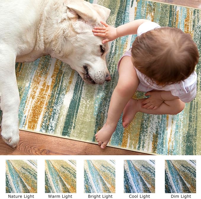Modern Abstract 8x10 Large Machine Washable Living Room Rug Non-Slip Soft Bedroom Area Rug Green Mustard Multi Ultra Thin Print Faux Wool Carpet Throw Rugs for Playroom Dining Room Indoor