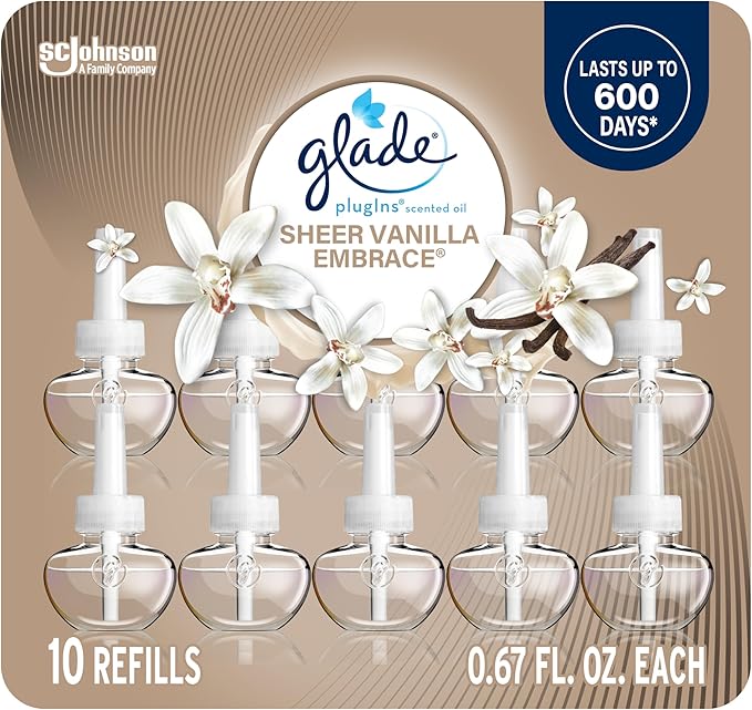 Glade PlugIns Refills Air Freshener, Sheer Vanilla Embrace, Scented and Essential Oils for Home and Bathroom, 0.67 Fl Oz, 10 Count