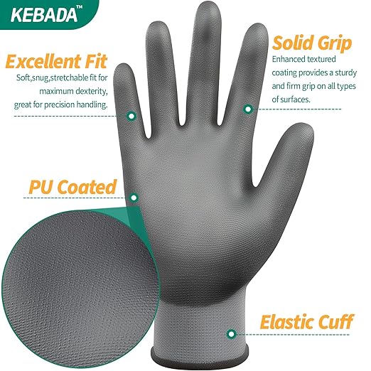 Kebada W1 Work Gloves for Men and Women,12 Pairs Touchscreen Working Gloves with Grip, PU Coating on Palm & Fingers,Gray XXL