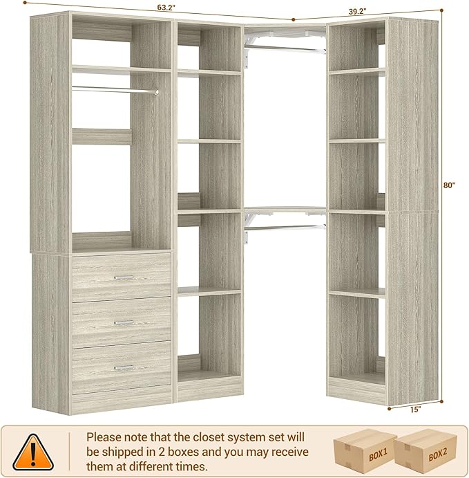 Corner Closet System with 3 Drawers, Corner Closet Organizer System with 13 Shelves & 3 Hanging Rods, 63.2"L * 39.2"W Reversible L Shaped Walk-in Closets, Load 2000+LBS, White Oak