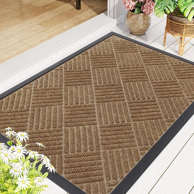 Smiry Front Door Mat Outside Entrance, Heavy Duty Outdoor Indoor Natural Rubber Doormat, Non Slip, Trap Dirt and Moisture, Easy Clean, Low Profile Patio Porch Entryway Mat, 47x32, Coffee