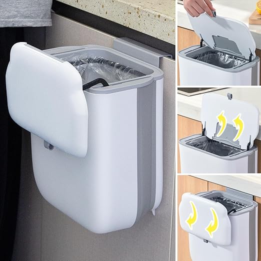 Soddeph 3.2 Gallon Foldable Hanging Trash Can with Lid for Cabinet Door,Kitchen Compost Bin,Wall-Mounted Plastic Garbage Can for Countertop or Under Sink, Bathroom and RV (White with lid)