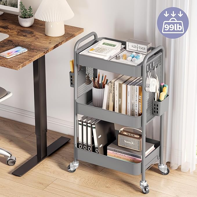 TOOLF 3 Tier Rolling Cart Storage Organizer, Metal Rolling Utility Cart with Wheels, Hooks & Bins Esthetician Craft Art Sturdy Storage with Pegboard for Bathroom, Kitchen, Office, Nursery Diaper