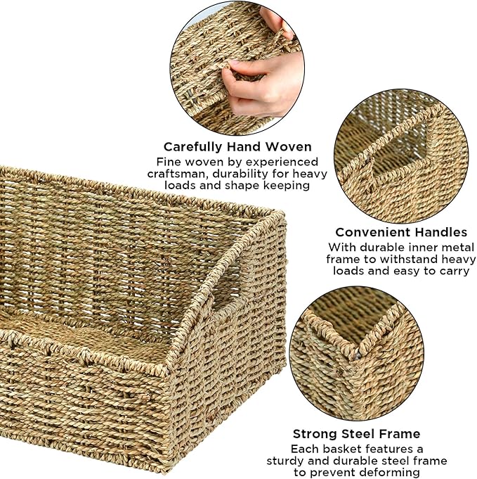 Ollieroo Natural Seagrass Storage Baskets, Handwoven Wicker Storage Bins with Built-in Handles, Storage Container Baskets for Shelves, Bedroom, Bathroom, Laundry Room or Kitchen(Green)