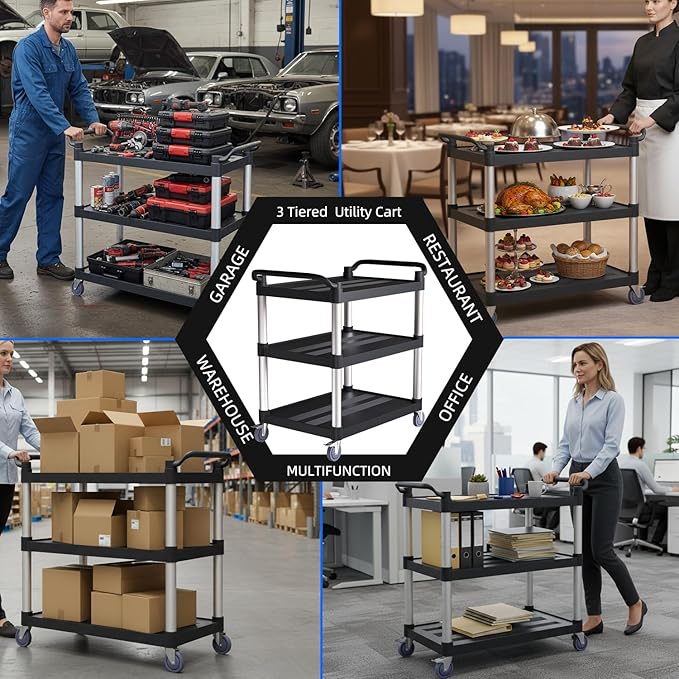 Plastic Utility Cart with Anti-Tangle Wheels, Solid Armrests, 450 Lbs Heavy Duty Capacity, 3-Tier Rolling Serving Cart for Home, Office, Restaurant, Warehouse.40 × 19.7" × 38"
