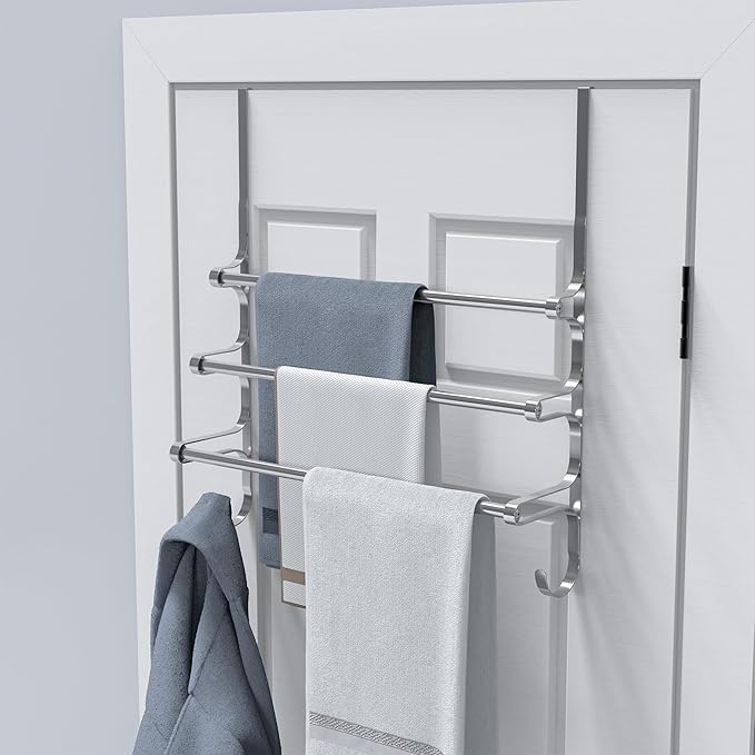 Over The Door Towel Rack, Extendable Triple Towel Storage Holder with Hooks, 24.02 Inches Towel Bar Hanger Towel Racks for Bathroom (Silver)