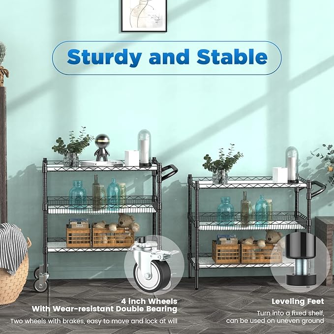 Leteuke 3 Tier Rolling Carts with Wheels,990Lbs Heavy Duty Rolling Utility Cart,NSF Commercial Grade Metal Cart with Handle&Shelf Liner,Trolley Serving Cart for Kitchen,Restaurant,Plant Display,Black