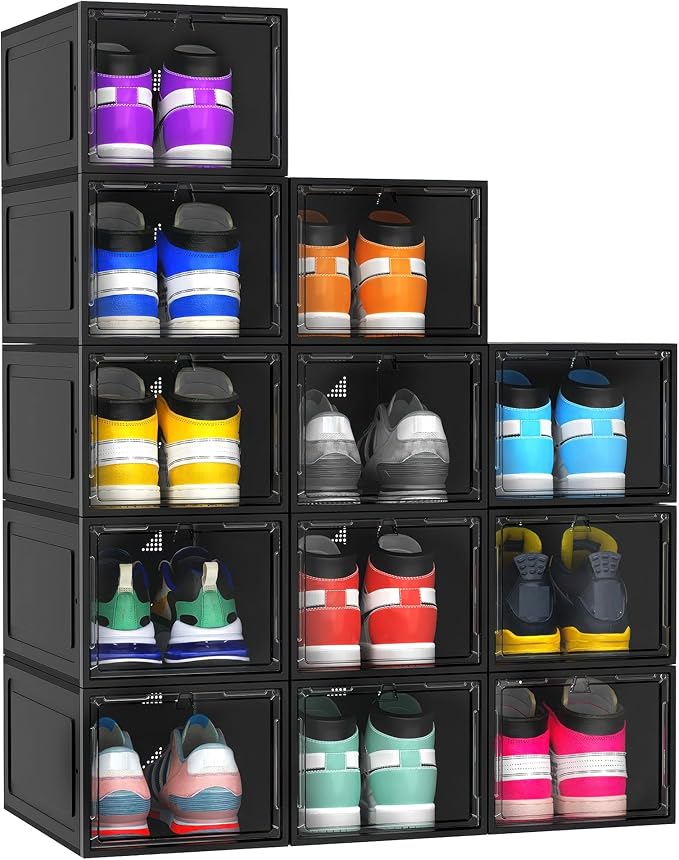 12 Pack Hard Sturdy Thickened Rigid XX Large Shoe Storage Organizer for Closet, Clear Stackable Sneaker Shoe Boxes Rack Containers Display Case Bins with Lids, Black03