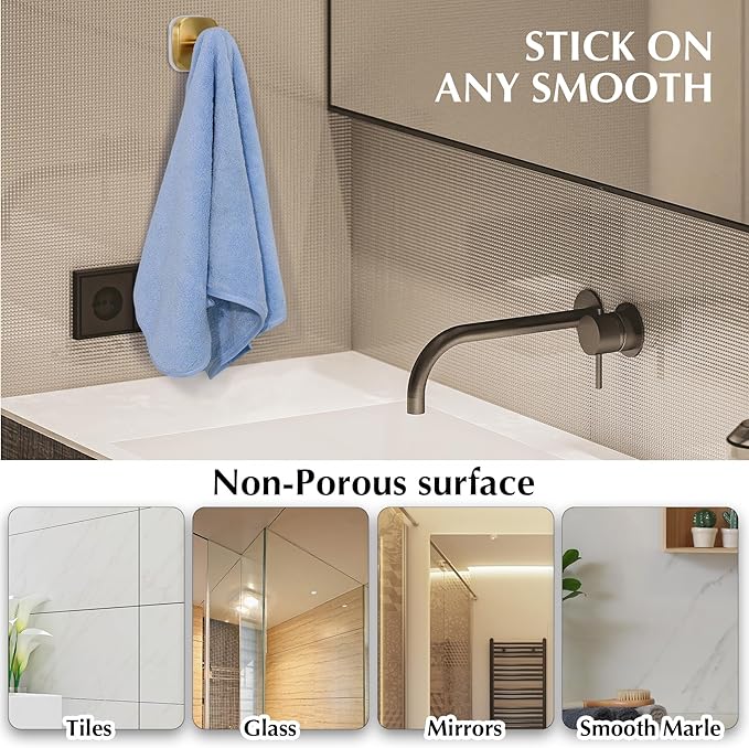 Suction Cup Hooks for Shower - Reusable No-Drill Mounting - Hooks for Towels, Robes & Loofah on Metal, Glass, Mirrors, Tile & Smooth Non-Porous Surfaces (2, Brushed Gold)