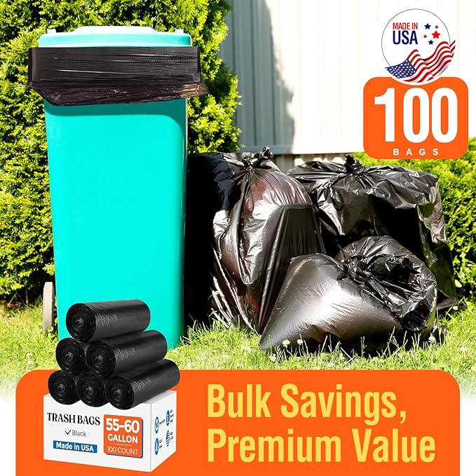 Delxo 55-60 Gallon Black Trash Bags, 100 Count – 0.9 Mil Medium Duty Garbage Bags, Thick, Durable & Puncture-Resistant Plastic, Perforated Design – Made in USA for Kitchen, Yard, Office & Party