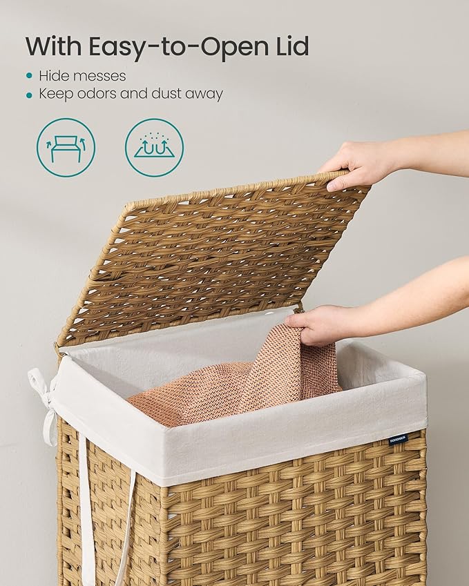SONGMICS Laundry Hamper with Lid, 29.1 Gallon (110 L) Synthetic Rattan Clothes Laundry Basket with Lid and Handles, Foldable, Removable Liner, Goose Yellow ULCB152Y01