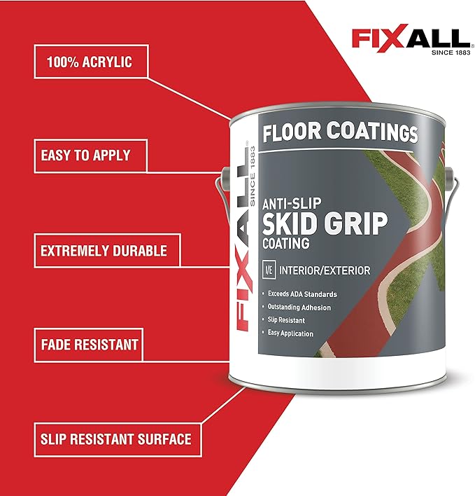 FIXALL Skid Grip Anti-Slip Coating, 1 Gallon, Emerald, Exceeds ADA Standards, Ideal for Safety Areas, Slip-Resistant Pavement, Cement & Concrete Paint