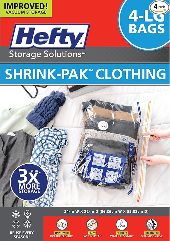 Hefty Shrink-Pak - 4 Large Vacuum Storage Bags for Clothes, Pillows, Towels, or Blankets - Space Saver Vacuum Sealer Bags Ideal Under Bed Storage Solutions