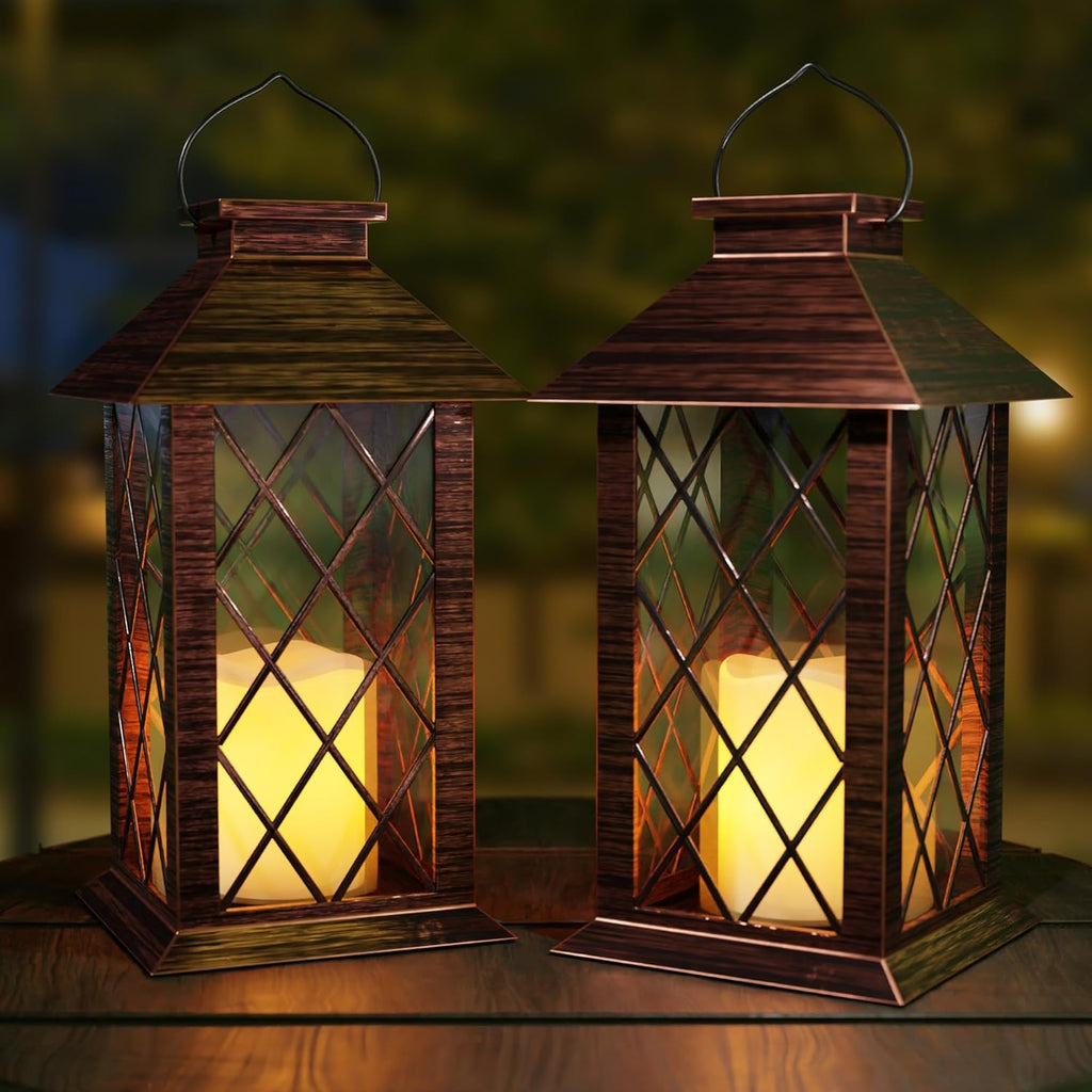Outdoor Solar Lanterns, Waterproof Hanging Lantern with LED Flickering Flameless Candle, 13'' Bronze Outdoor Solar Powered Lantern Decor for Porch Patio Garden Balcony Pathway, 2 Pack