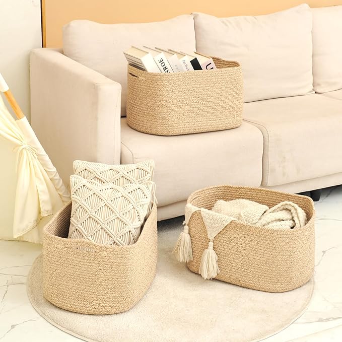 Large Storage Baskets for Organizing Shelves, Woven Cotton Rope Bins for Baby Nursery Organization, Book Toy Towel Organizer, 17"x13"x9.5", 3 Packs, Brown