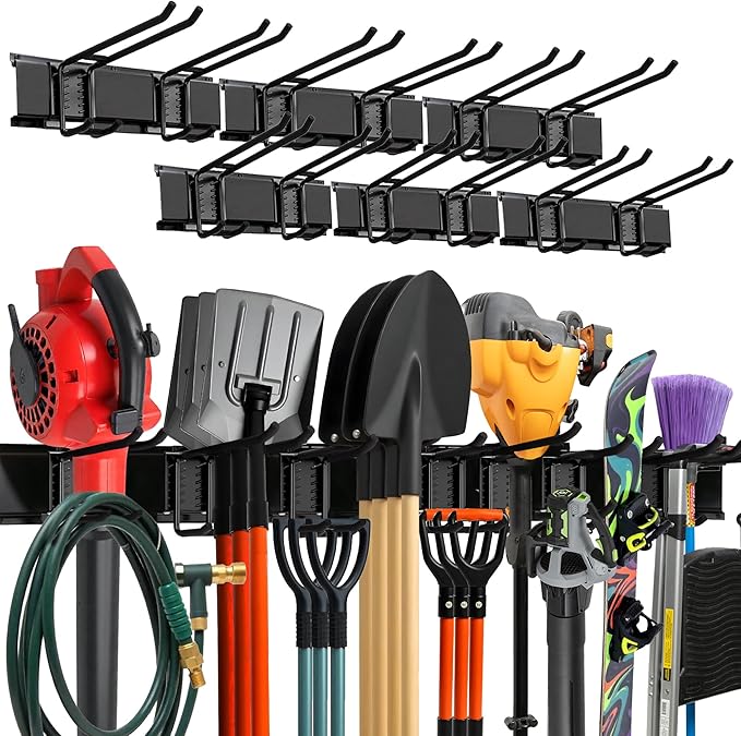 Garage Wall Organizer | 96" Heavy-Duty Tool Storage Rack | Adjustable Double-Layer Hooks | 600 lbs Capacity | Carbon Steel Wall Mount Holder for Shovels, Rakes, Ladders & Power Tools