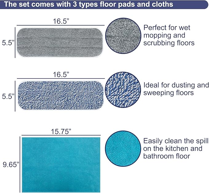 Microfiber Mops for Floor Cleaning, Multi Surface Floor Cleaner with 2 Microfiber Dry Wet Mop Pads + 2 Dusting Clothes for Sweeping and Mopping
