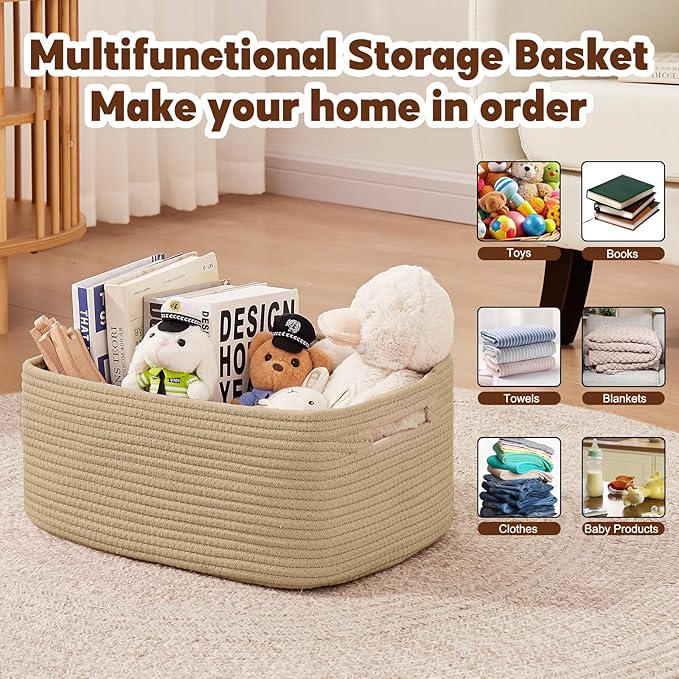OIAHOMY Storage Basket for Shelves, Closet Cube Storage Bins Baskets for Clothes Blanket Towels, Baby Nursery, Toy Baskets Box, Woven Rope Basket, 15.75*11.81*7.09 ININ, 2 Packs Jute Yellow