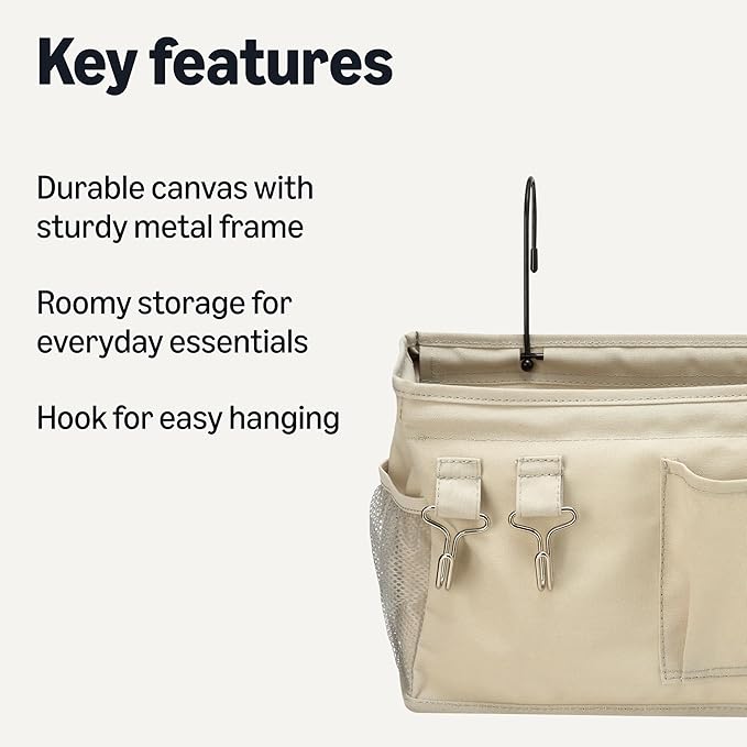 Amazon Basics Bedside Caddy Hanging Storage Organizer, 4.72 x 14.57 x 7.87 in, Linen, Dark Grey