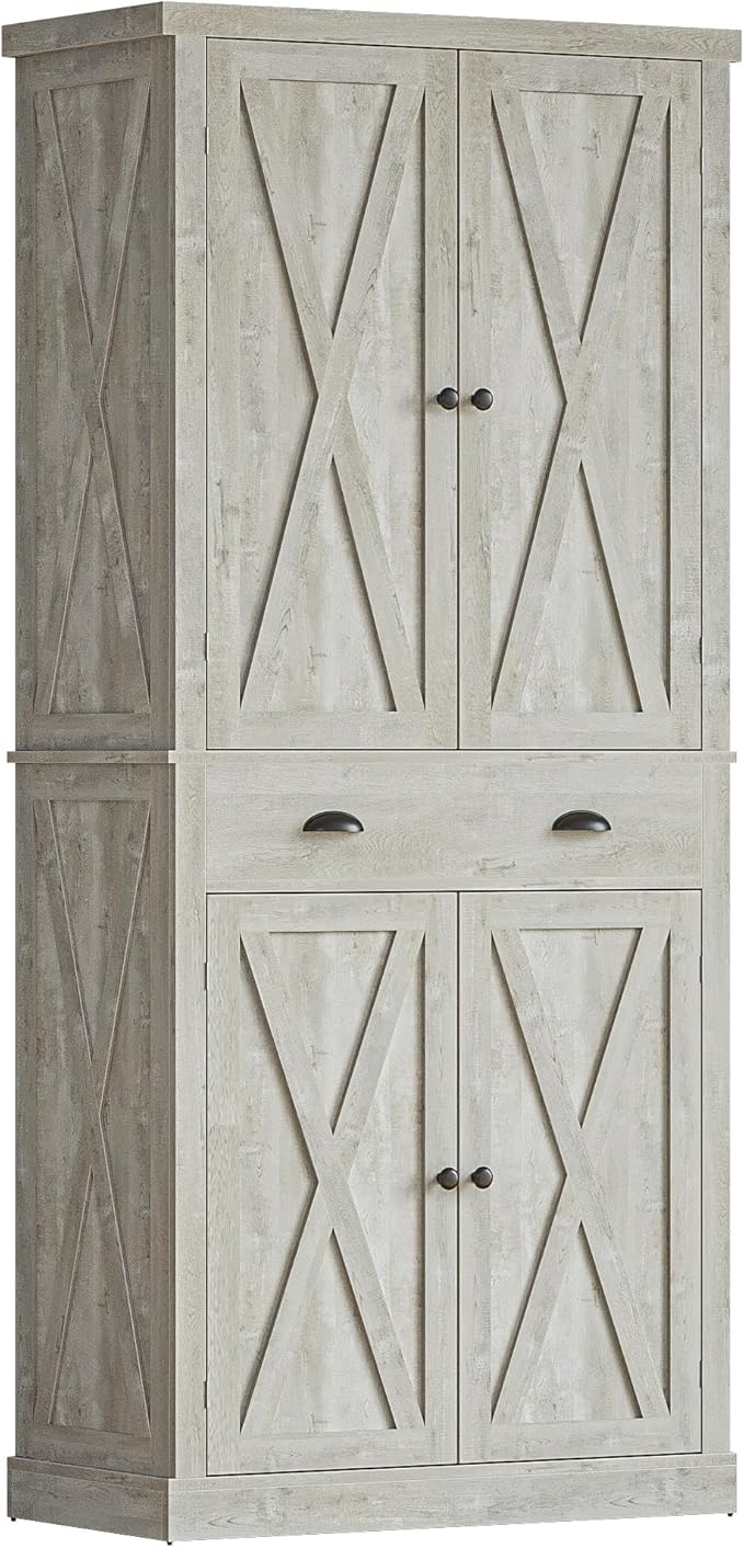IRONCK Kitchen Pantry Storage Cabinet 72.6" H, with Barn Doors, Drawer, 4 Adjustable Shelves, Freestanding Cupboard for Dining Room Living Room, Laundry, Rustic Maple