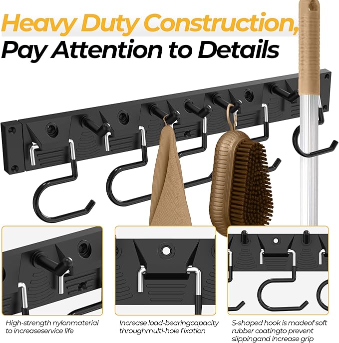 51 Inch Garden Tool Organizer Wall Mount with Non Slip Rubber Coated Metal Hooks, Storage Rack for Indoor/Outdoor Shovel, Rake, Mop and Broom Holder Wall Mount （ 15 Hooks+15 Holders