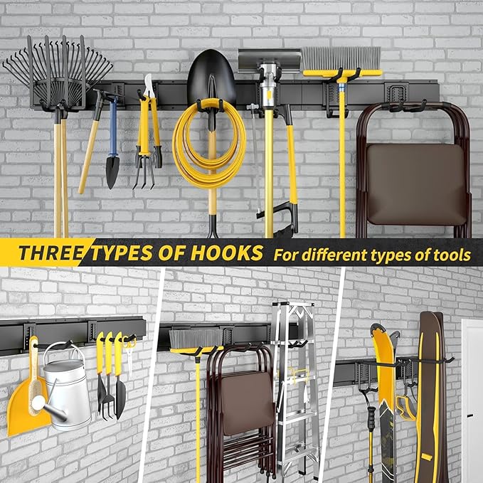 64 Inches Garage Storage, Garage Organization, Wall Mount Garden Tool Organizer, Max 620lbs Adjustable Metal Hooks, Yard Shed Rack, Tool Holder for Hanging Rake Broom Mop Snowboard, Home Gift