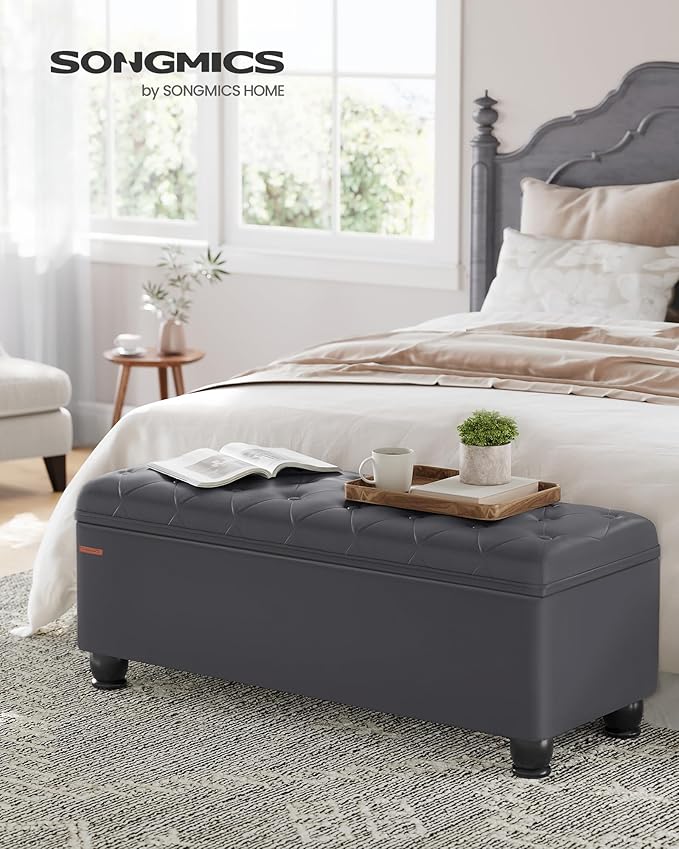 SONGMICS Storage Ottoman, Storage Bench, Tufted Entryway Bedroom Bench, 17.7 x 46.5 x 17.7 Inches, Hinges Easy Lid Operation, Wooden Legs, Synthetic Leather, Loads 330 lb, Dark Gray ULOM071G01