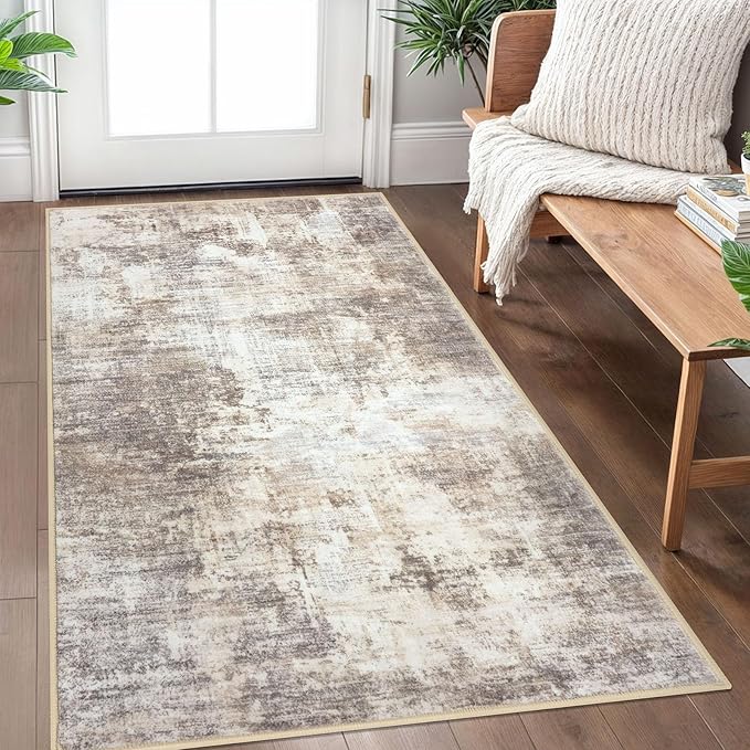 IOHOUZE Abstract Area Rug 3x5 Ft Washable Rugs for Entryway Indoor, Non Slip Kitchen Rug Printed Faux Wool Throw Rugs, Indoor Door Mat for Door Entrance Foyer Living Room, Beige Brown