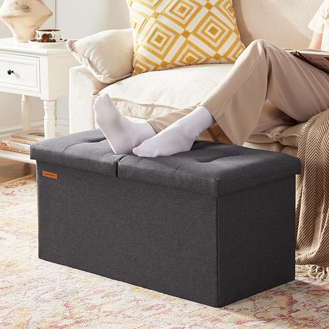 HAUSFRAU - 30 Inches Storage Ottoman Bench with Flipping Lid, Foldable Storage Chest Foot Rest for Living Room, Bedroom, Entryway, Load 660 lb, Linen Dark Gray