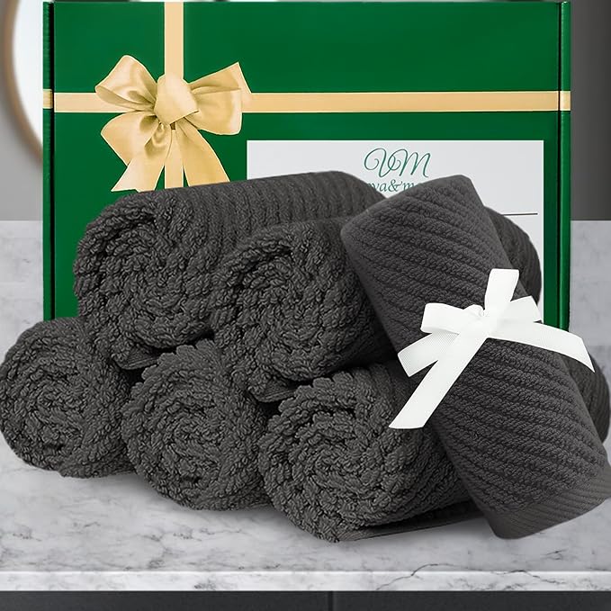 VOOVA & MOVAS Grey Washcloths (6PC, 13"x13") - 100% Cotton | Thick | Quick Dry | Light Weight, 6 Pack Hand Towels, Wash Cloths for Showering, Bathroom Gift Set, Dark Gray
