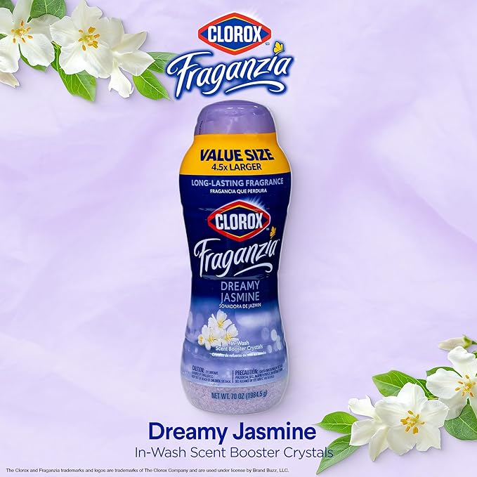 Clorox Fraganzia Laundry Scent Booster Crystals in Dreamy Jasmine Scent - Scented In-Wash Freshener Beads for Fresh, Clean, Great Smelling Clothes and Linens, 70 Oz