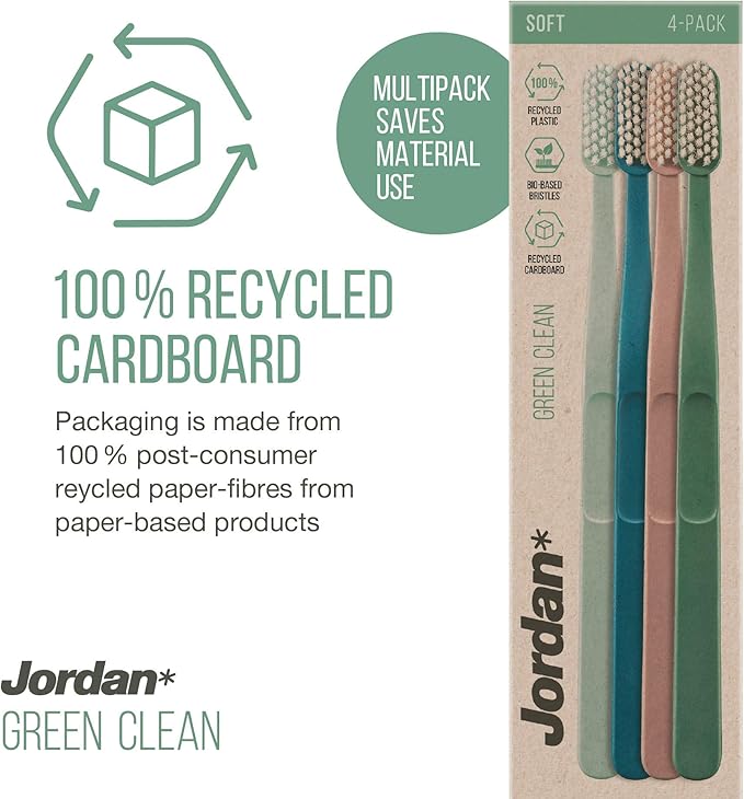 Jordan Green Clean Manual Toothbrush - Sustainable, Scandinavian Design, Soft Bristles, Mixed Colors, 4 Units