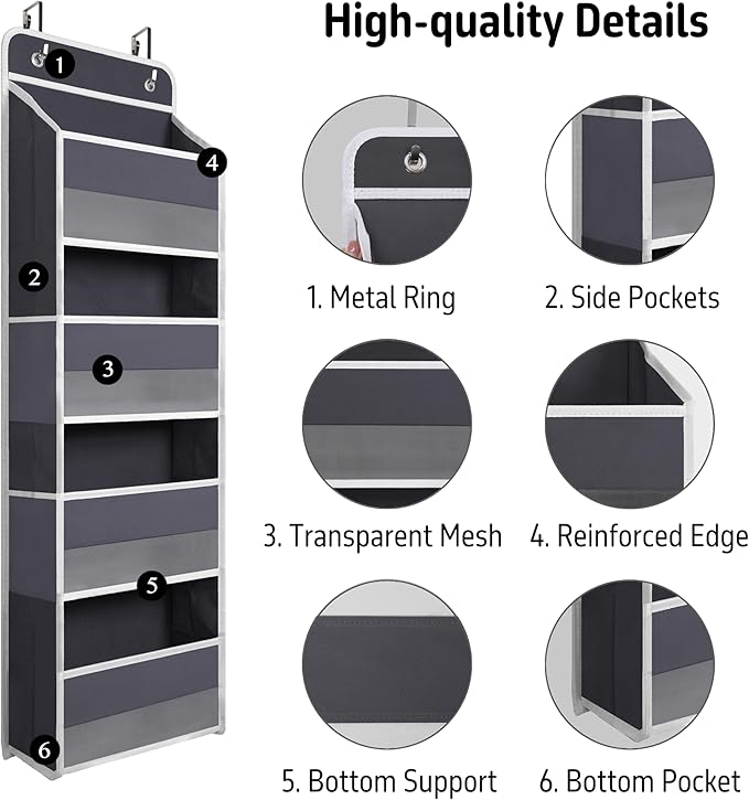 Over The Door Hanging Organizer with 4 Large Pockets – Closet, Bathroom, Nursery, Bedroom, Dorm Storage for Toys, Cosmetics, and Baby Essentials, Gray