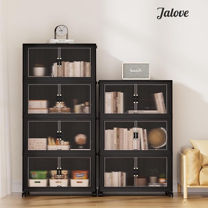 Jalove 120Gal Large Storage Bins with lids, 480QT Plastic Stackable Containers with Wheels, Collapsible Closet Organizer and Storage Drawers,Clothes Organization for Cabinet Home, 4Pack Black