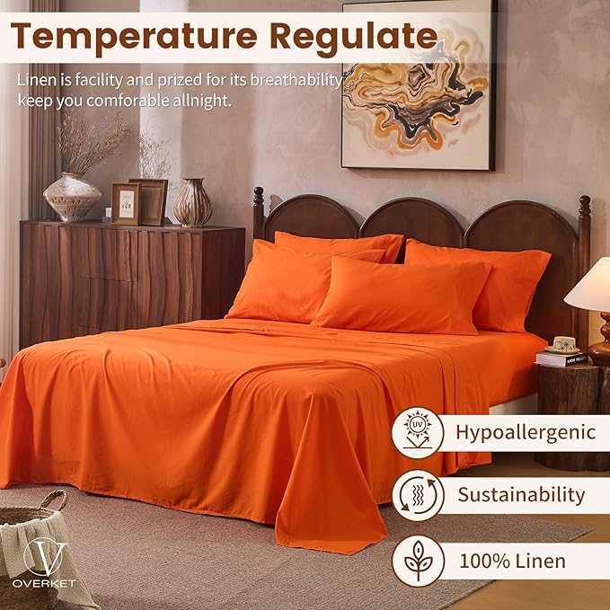 100% Linen Sheets King Size,Breathable & Durable 4-Piece Bed Flax Sheet Set,Soft All-Season Bedding for Hot Sleepers 16" Deep Pocket Oeko-TEX Certified,（King, Orange）