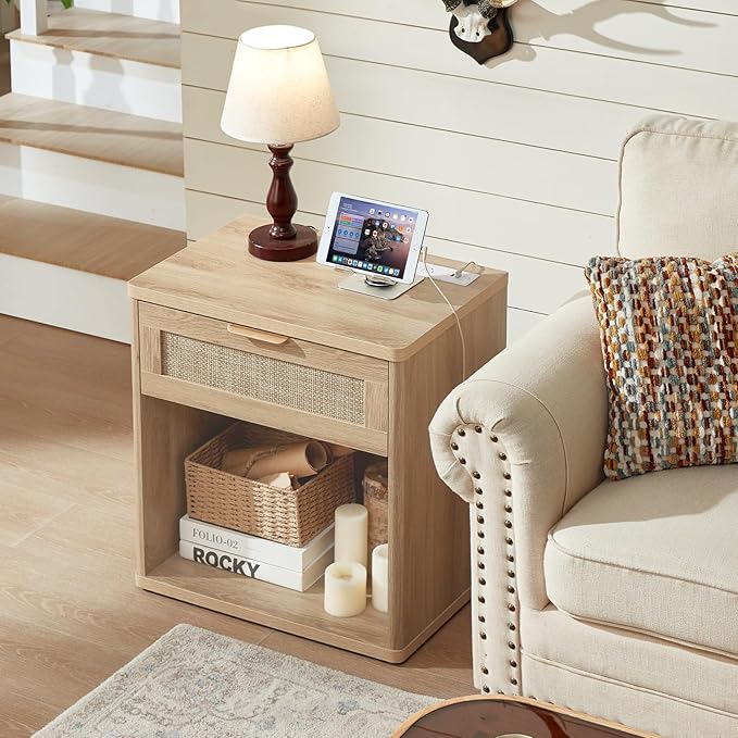 LEYAOYAO Rattan Nightstands Set of 2 with Charging Station, 23" Wide Boho Night Stand with Drawer, Natural Wood Bedside Table Open Cabinet, Bed Side End Table Dresser for Bedroom, Living Room, Hallway