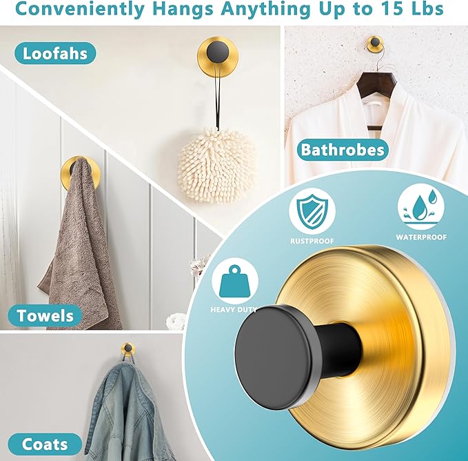 Suction Cup Hooks for Shower,Wreath Hanger for Front Door,Removable No Drill Towel Loofah Hooks,Upgraded 15 lbs Strong Suction for Bathroom,Wall,Glass,Stainless Waterproof-Black Gold 4 Pcs
