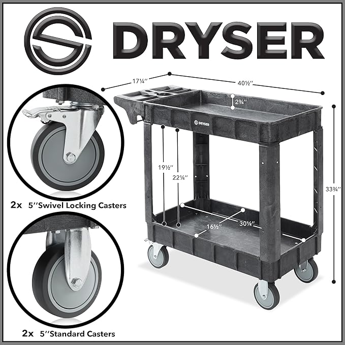 Dryser Utility Cart with Wheels, 40" x 17" Heavy Duty 550 lb. Capacity with Shelves - 2 Tier Rolling Cart with Two 5" Swivel Casters for Warehouse, Garage, Cleaning