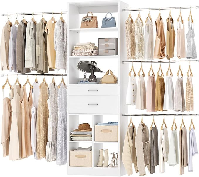 Closet System, 4-8 FT Closet Organizer Tower with 2 Wooden Drawers and Shelves, Can Fit 60 to 96 inch Walk-in Closet System with 5 Hanging Rods, Built-in, White